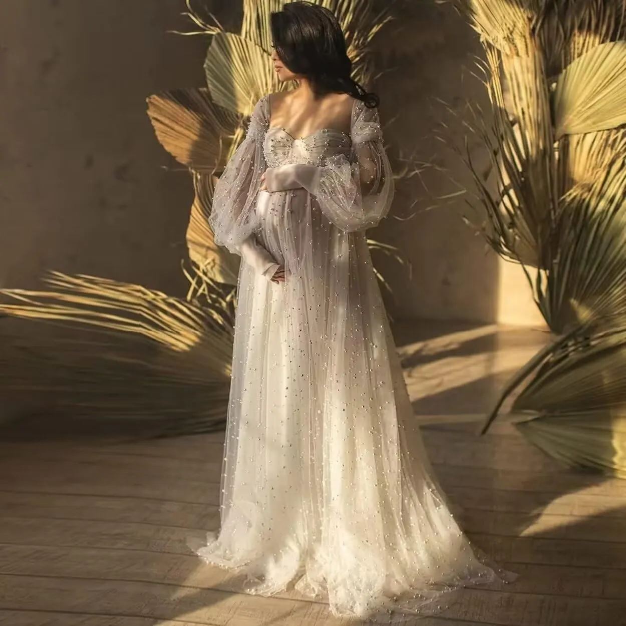 yinyyinhs Pearl Tulle Maternity Dress for Photoshoot Long Puffy Sleeve Off Shoulder Pregnancy Gowns BabyShower Dresses