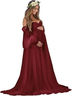 yinyyinhs Pearl Tulle Maternity Dress for Photoshoot Long Puffy Sleeve Off Shoulder Pregnancy Gowns BabyShower Dresses