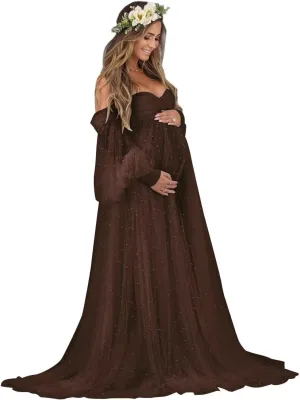 yinyyinhs Pearl Tulle Maternity Dress for Photoshoot Long Puffy Sleeve Off Shoulder Pregnancy Gowns BabyShower Dresses