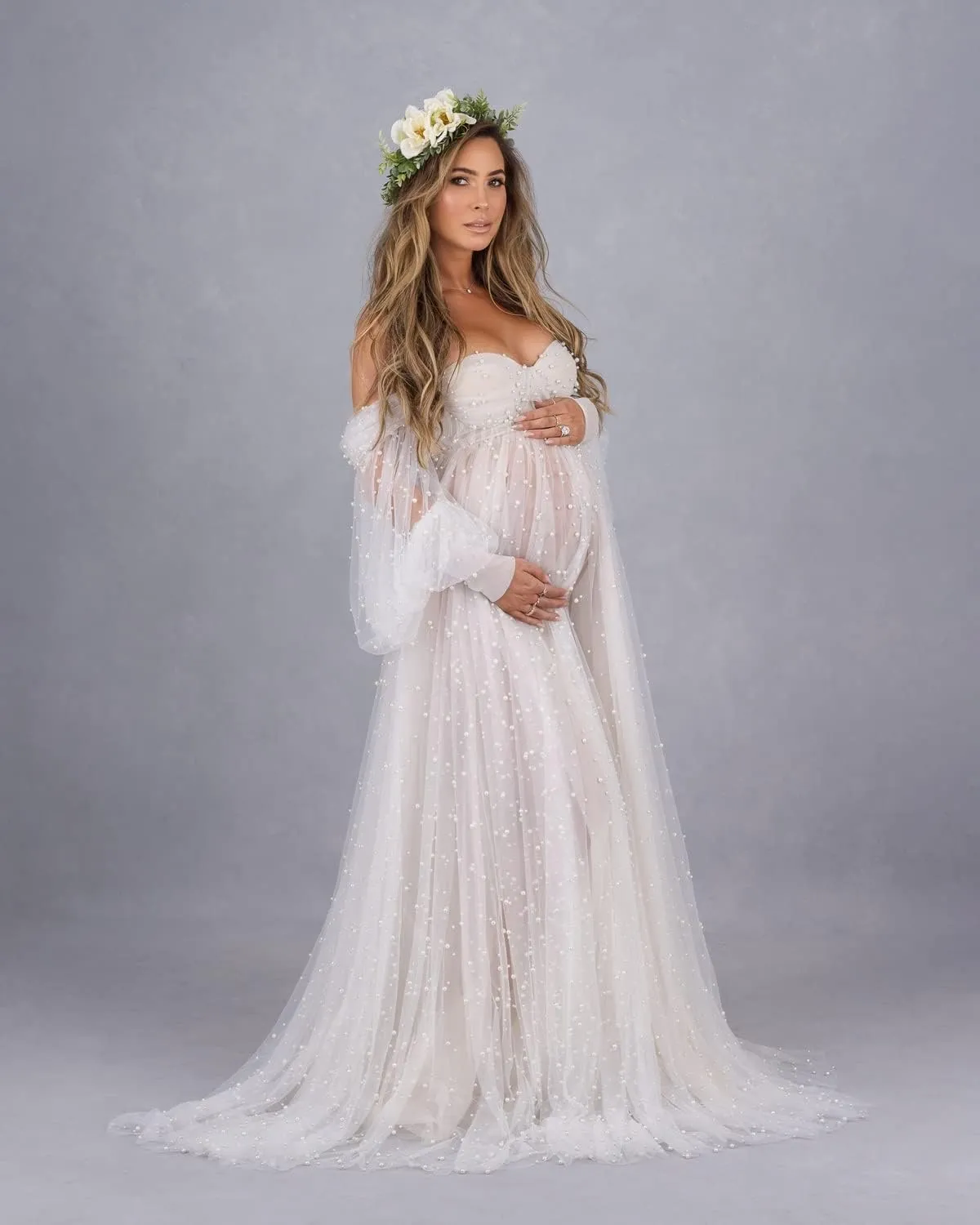 yinyyinhs Pearl Tulle Maternity Dress for Photoshoot Long Puffy Sleeve Off Shoulder Pregnancy Gowns BabyShower Dresses