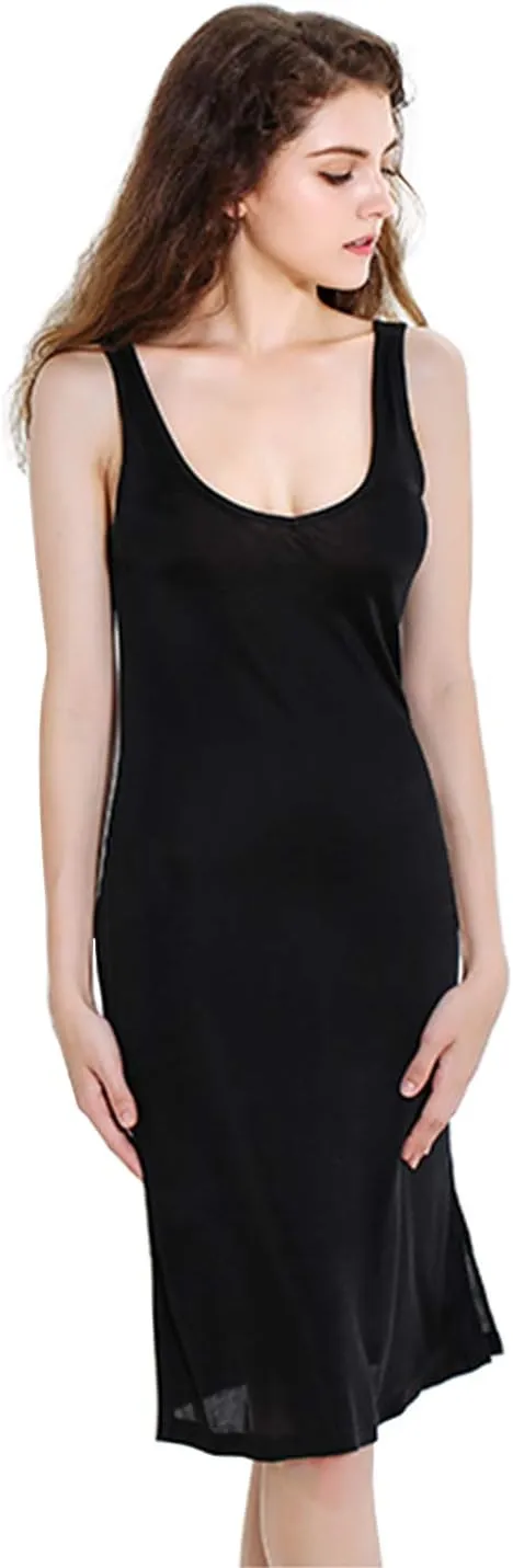 Zylioo Women's Skirts Mulberry Silk V-Neck Full Slips Dresses with Split Hem Slim Fit Tank Top Under Dress Nightwear