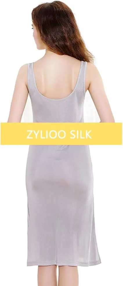 Zylioo Women's Skirts Mulberry Silk V-Neck Full Slips Dresses with Split Hem Slim Fit Tank Top Under Dress Nightwear