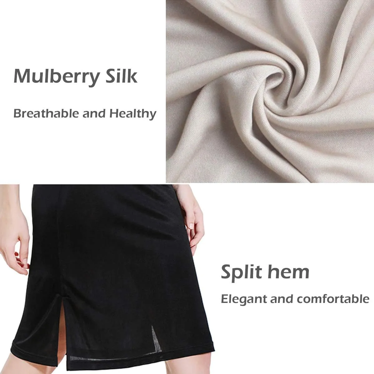 Zylioo Women's Skirts Mulberry Silk V-Neck Full Slips Dresses with Split Hem Slim Fit Tank Top Under Dress Nightwear